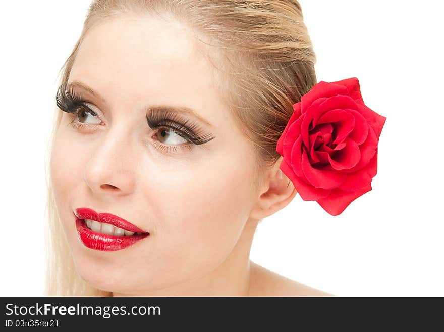 Blond woman with lengthen eyelashes and rose, isolated on white. Blond woman with lengthen eyelashes and rose, isolated on white