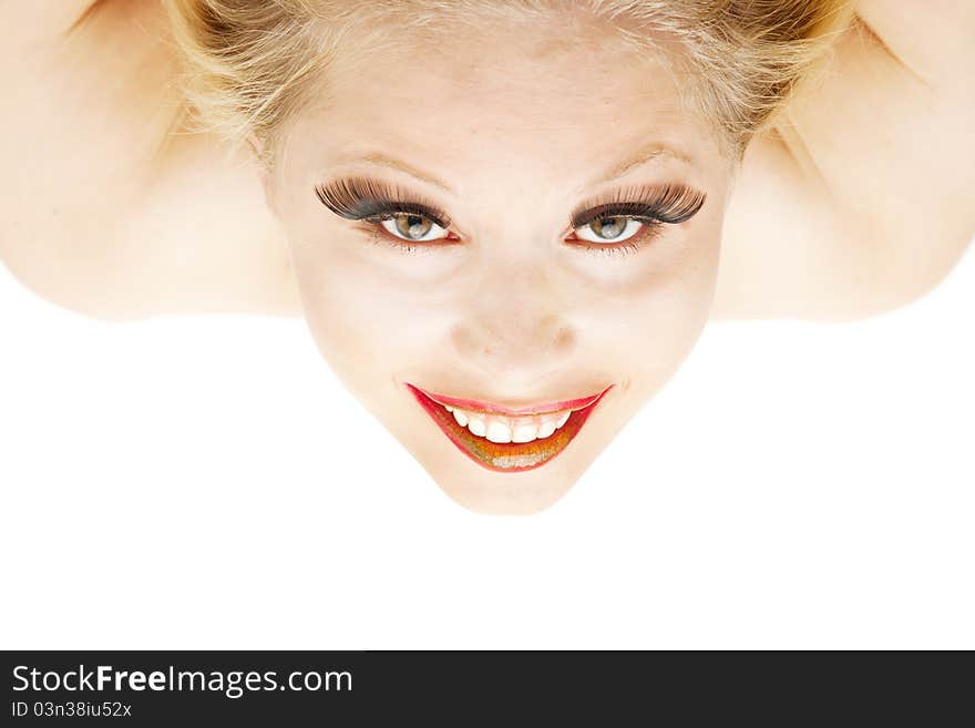 Portrait of attractive Blond woman with lengthen eyelashes from above looking unique. Portrait of attractive Blond woman with lengthen eyelashes from above looking unique