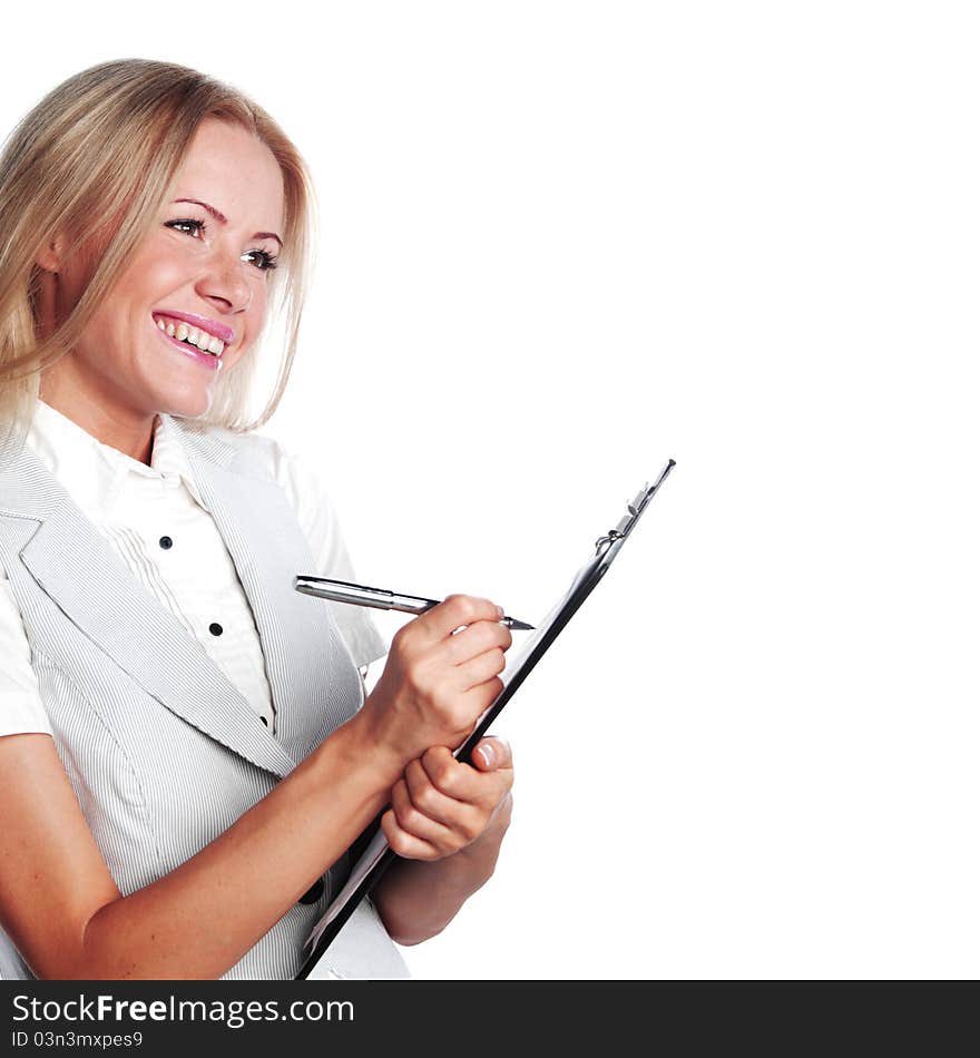 Business woman writing in notebook on a white background