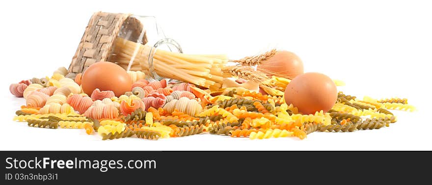 Different kinds of italian pasta on white background