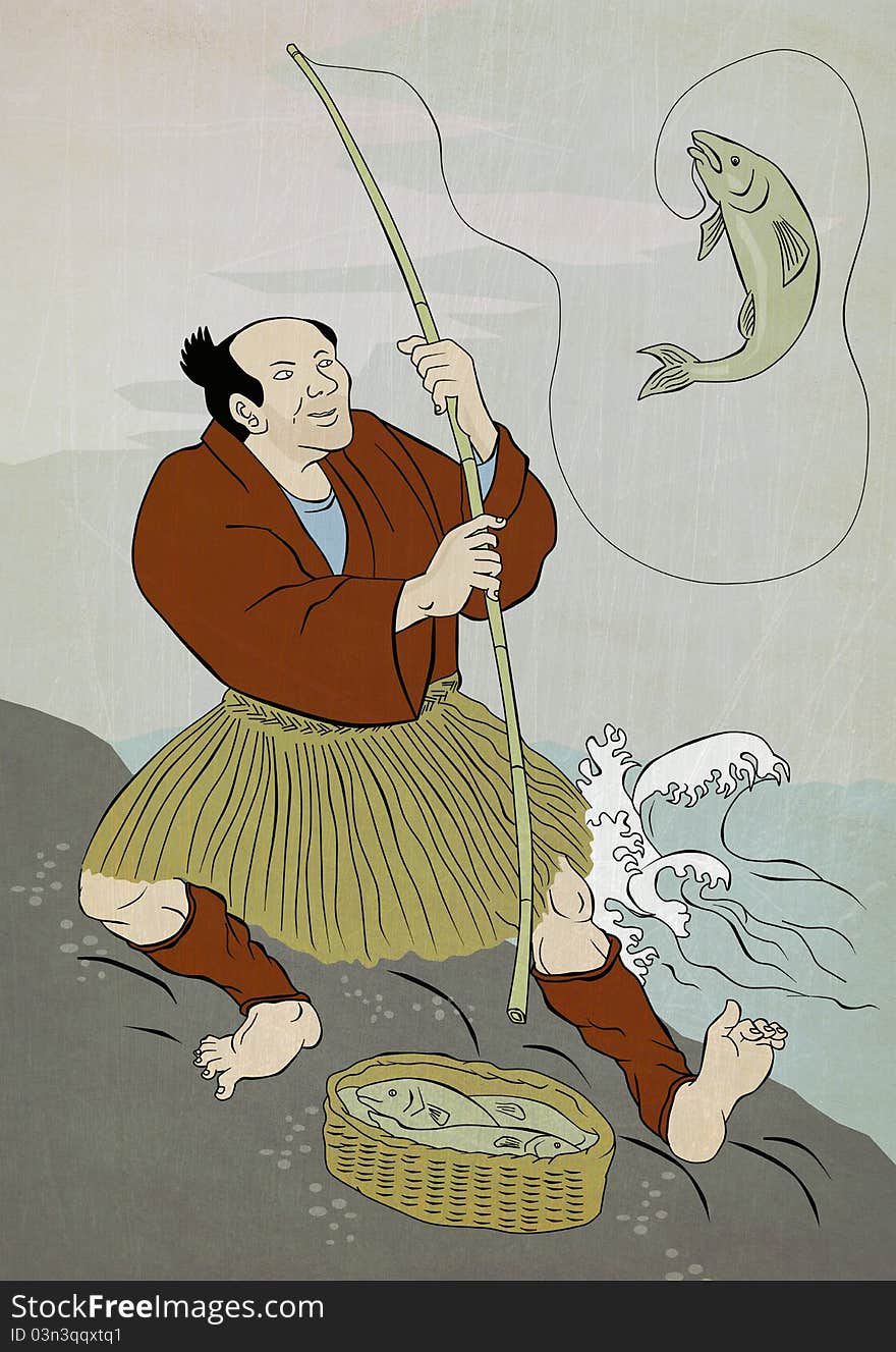 Image shows a Japanese fisherman fishing catching trout fish on a rock on lake done in the style of Japanese wood block print. Image shows a Japanese fisherman fishing catching trout fish on a rock on lake done in the style of Japanese wood block print.