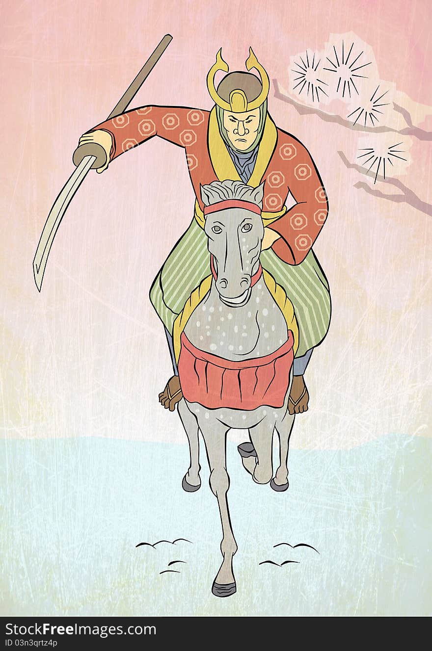 Illustration of a Samurai warrior riding horse with katana sword attacking charging viewed from front in the style of Japanese wood block print. Illustration of a Samurai warrior riding horse with katana sword attacking charging viewed from front in the style of Japanese wood block print