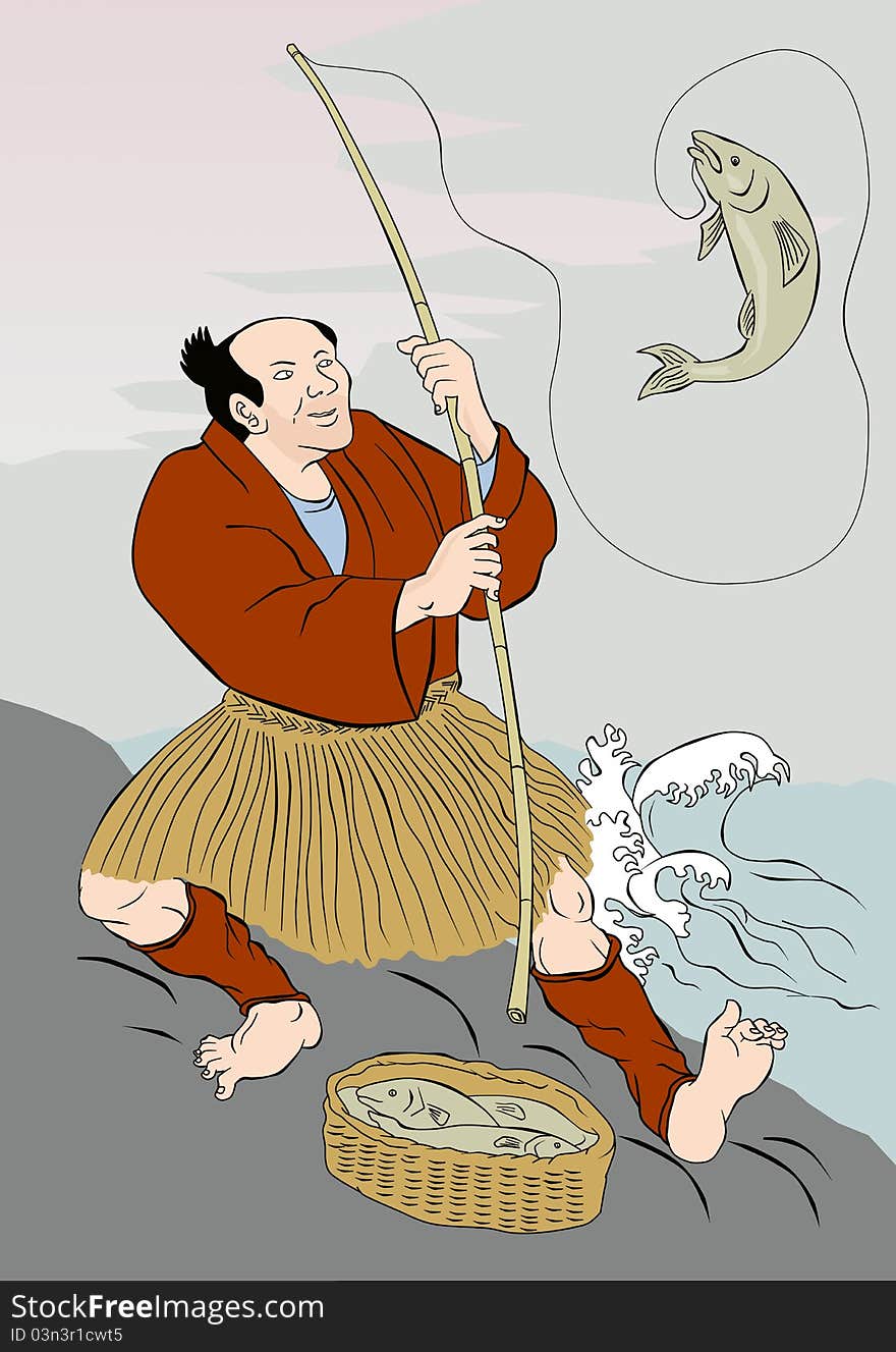 Japanese Fisherman Fishing Catching Trout Fish