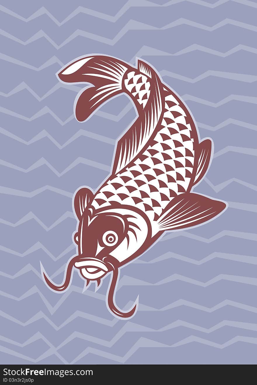 Illustration of a Koi carp swimming down with wave pattern in background done in retro style.