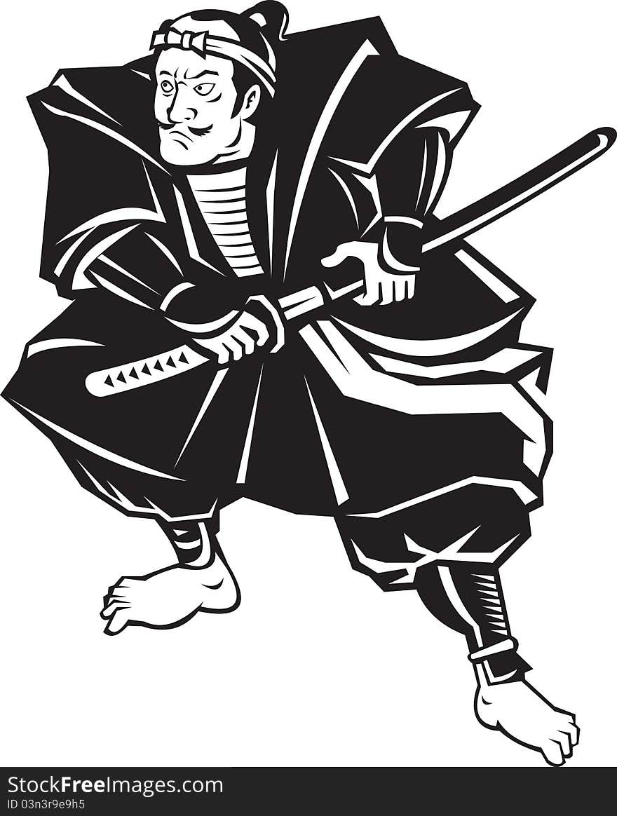 Samurai warrior with katana sword fighting stance