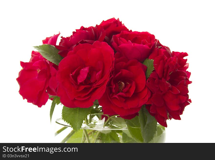 Close-up of a beautiful bouquet of red roses in a round glass vase. Isolated