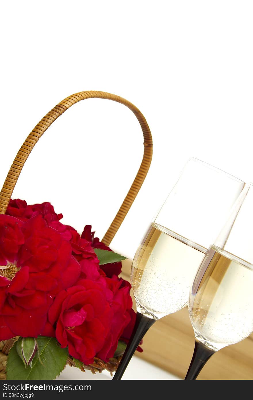 Basket With Roses And Champagne