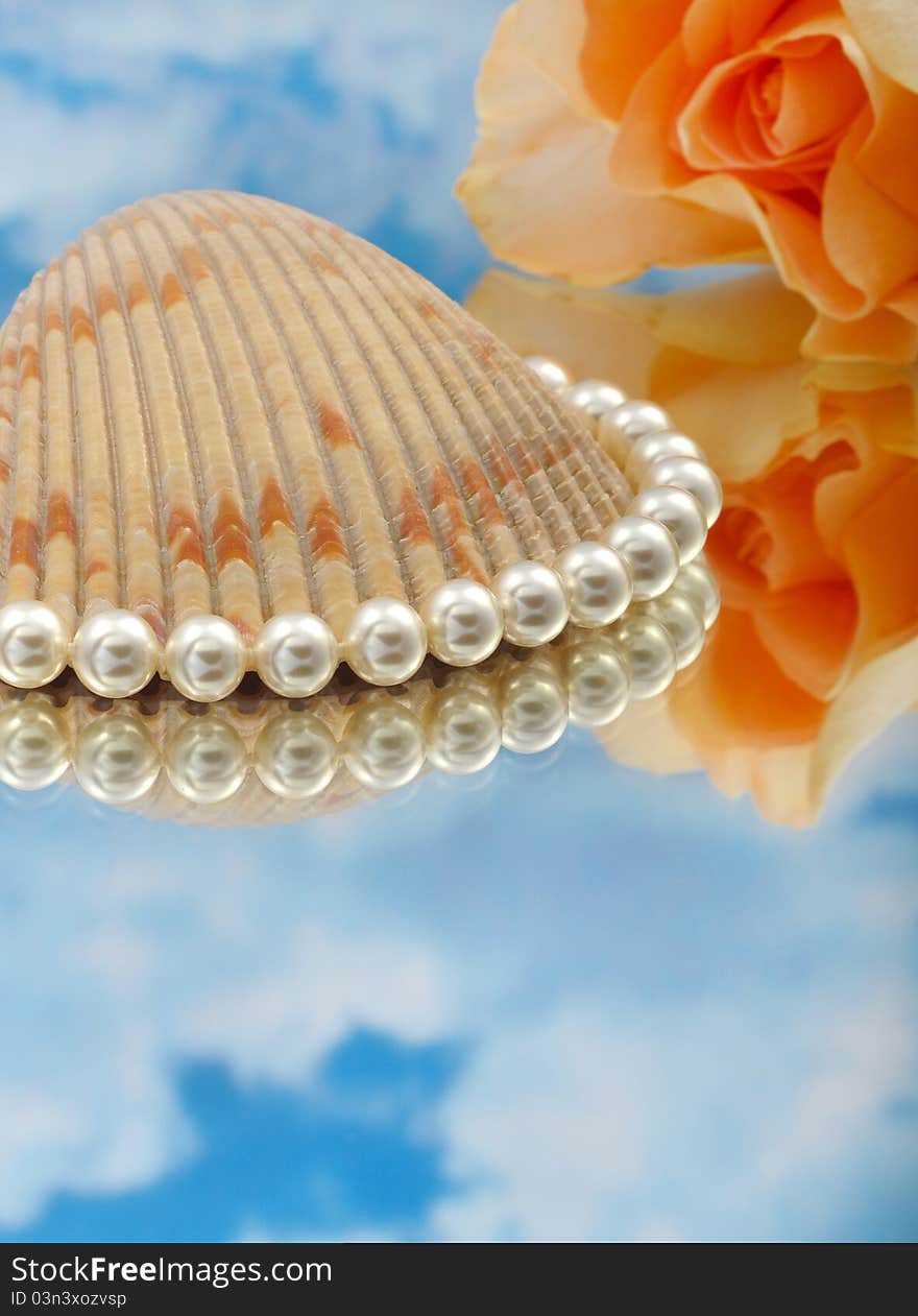 Elegant pearls over glass with clouds, shell, and rose very shallow depth of field