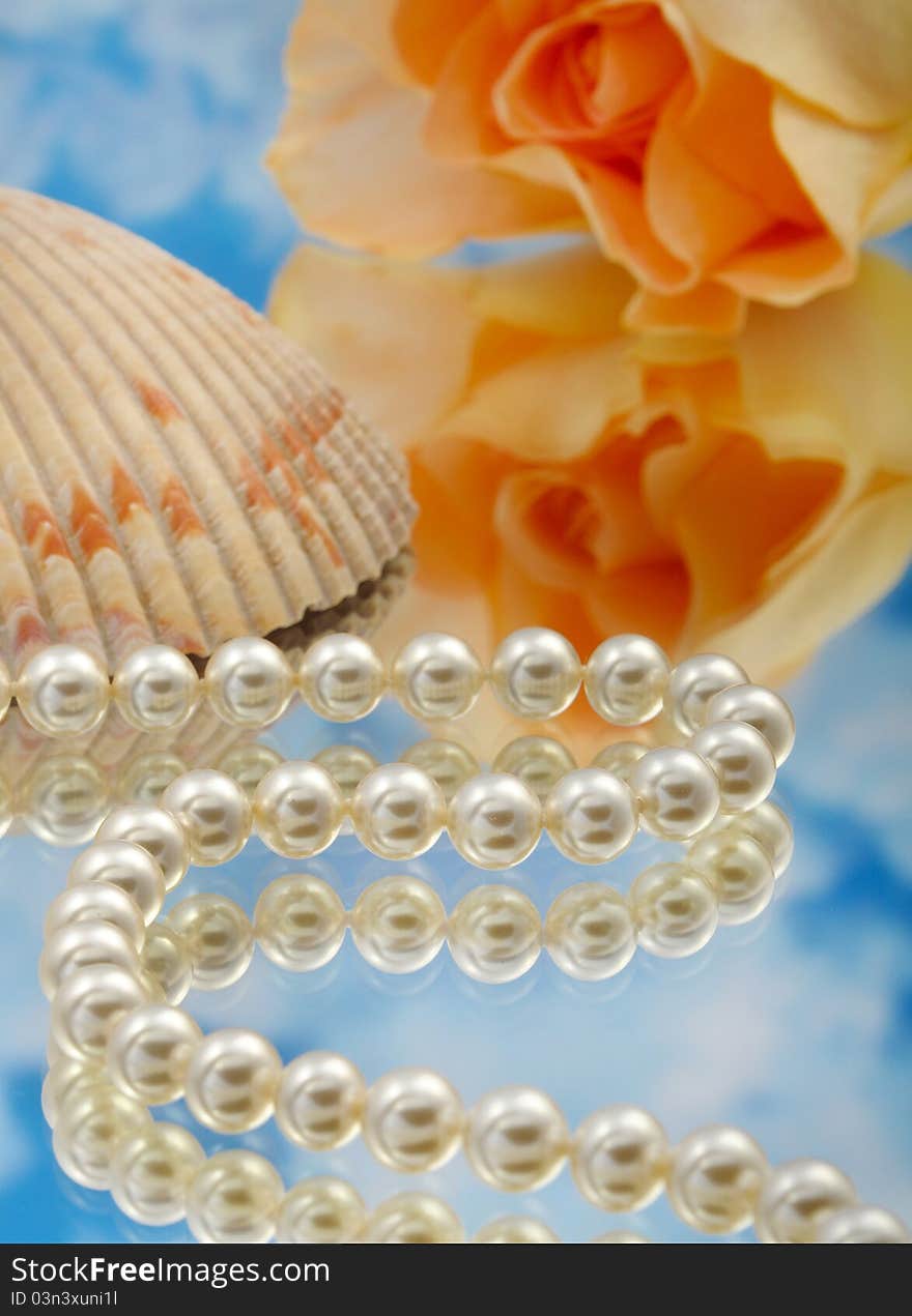 Elegant pearls over glass with clouds, shell, and rose very shallow depth of field. Elegant pearls over glass with clouds, shell, and rose very shallow depth of field