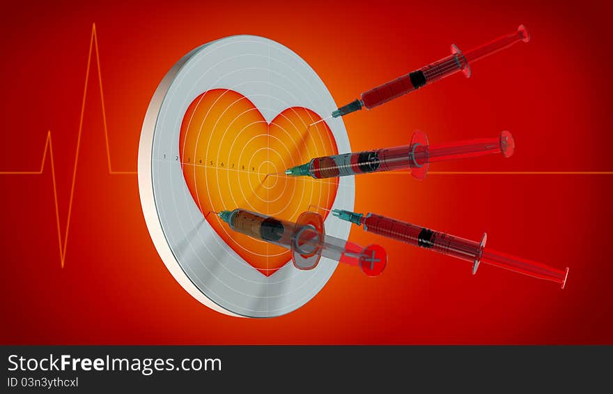 Syringes in heart, on red background