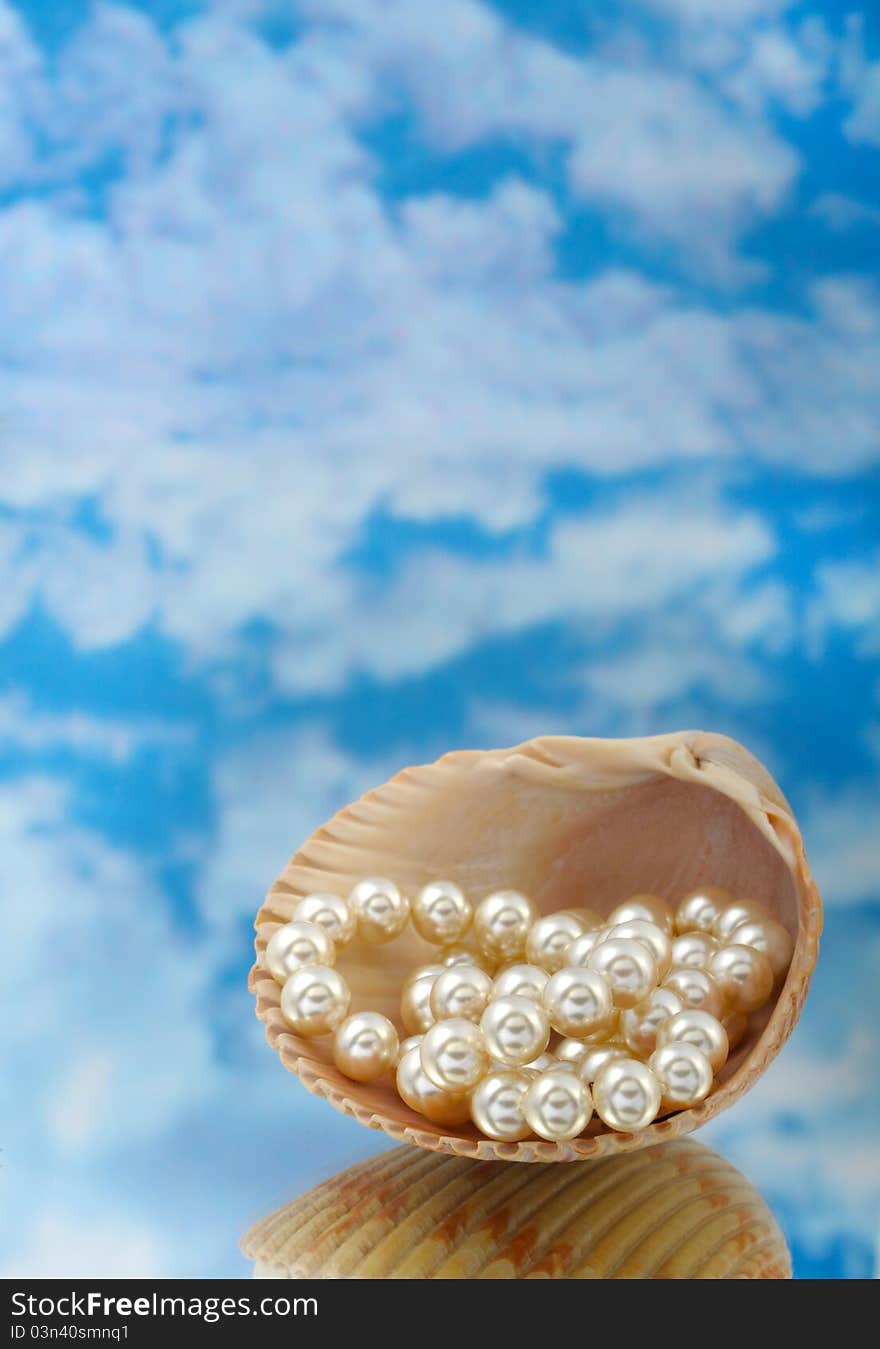 Elegant pearls in shell with sky and reflection very shallow depth of field