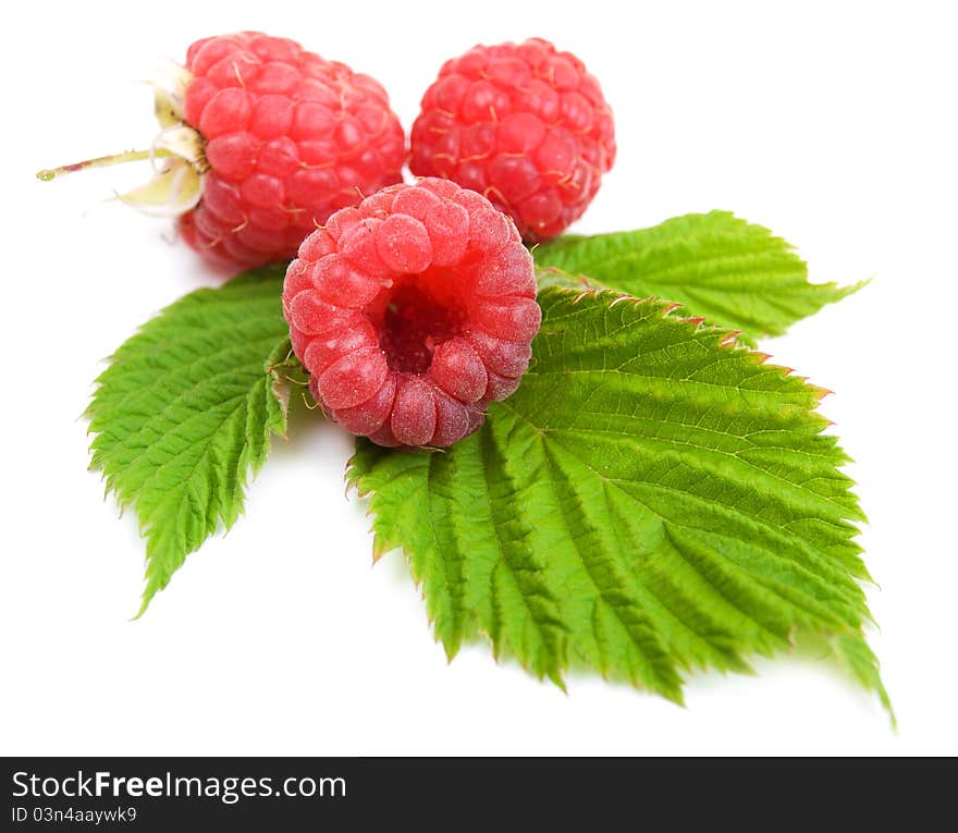 Raspberries with green leaves on a white background