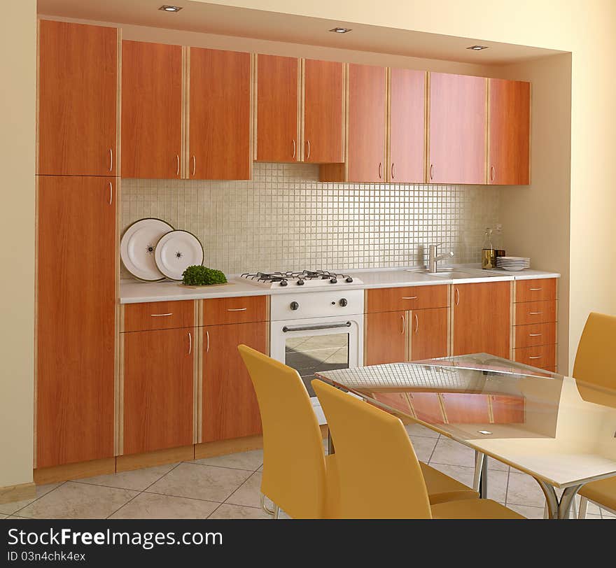 Interior of wood modern kitchen. 3d render. Interior of wood modern kitchen. 3d render.