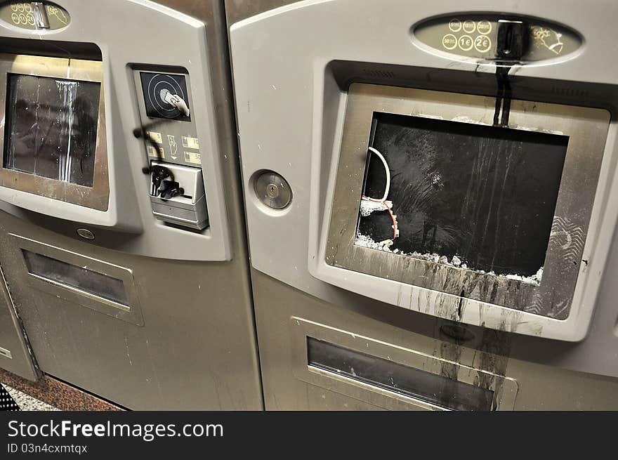 Damaged during the riots in Athens ATMs. Damaged during the riots in Athens ATMs