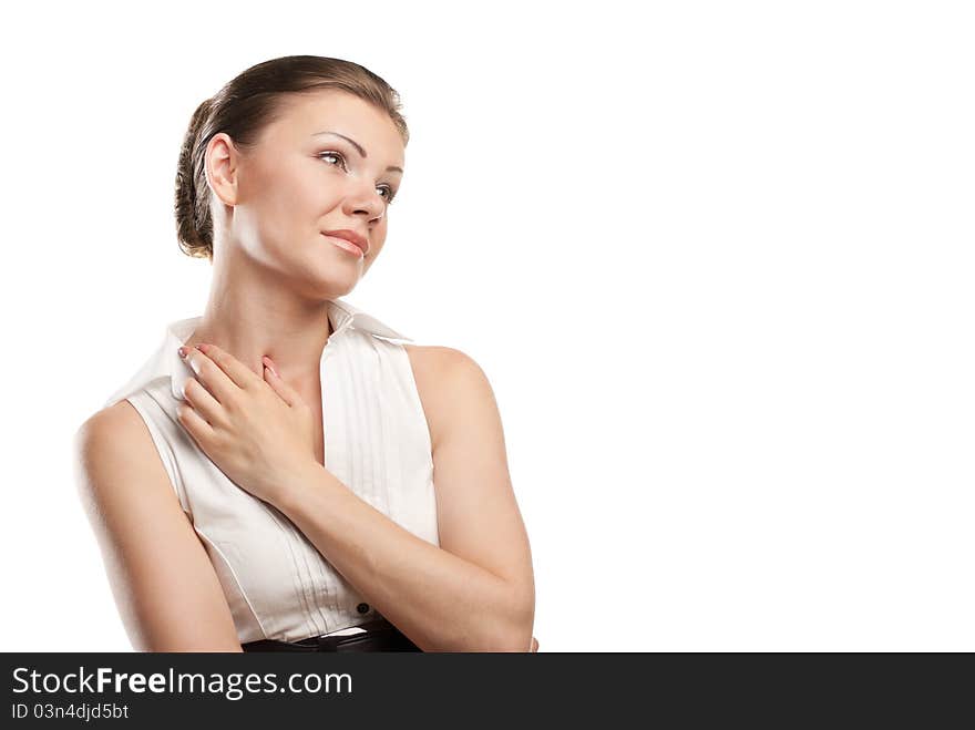 Thoughtful smiling business woman portrait looking at corner isolated over a white background