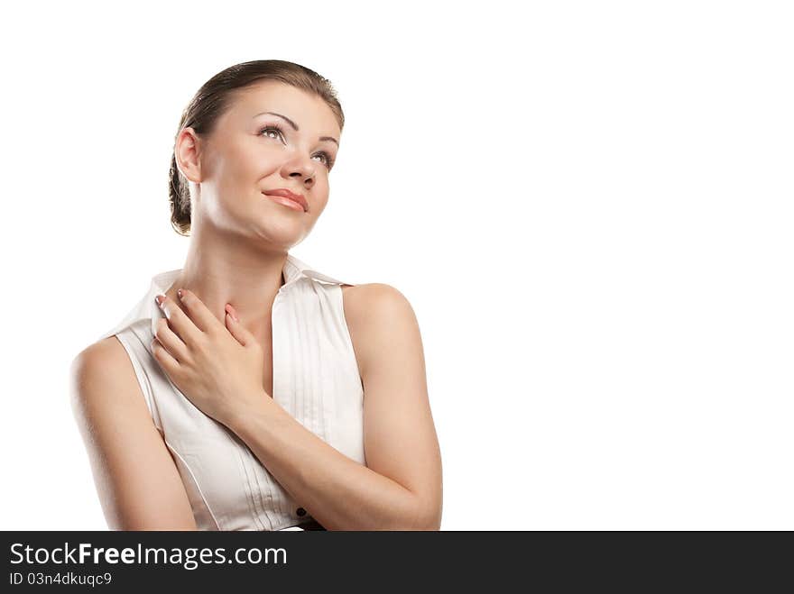 Thoughtful smiling business woman portrait looking at corner isolated over a white background