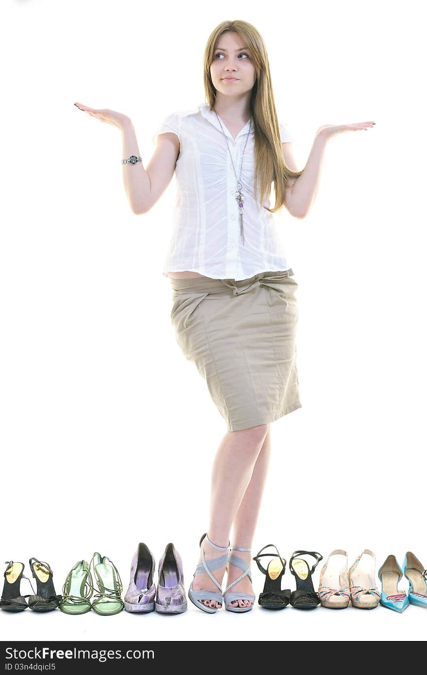 Woman buy shoes concept of choice and shopping, isolated on white background in studio. Woman buy shoes concept of choice and shopping, isolated on white background in studio