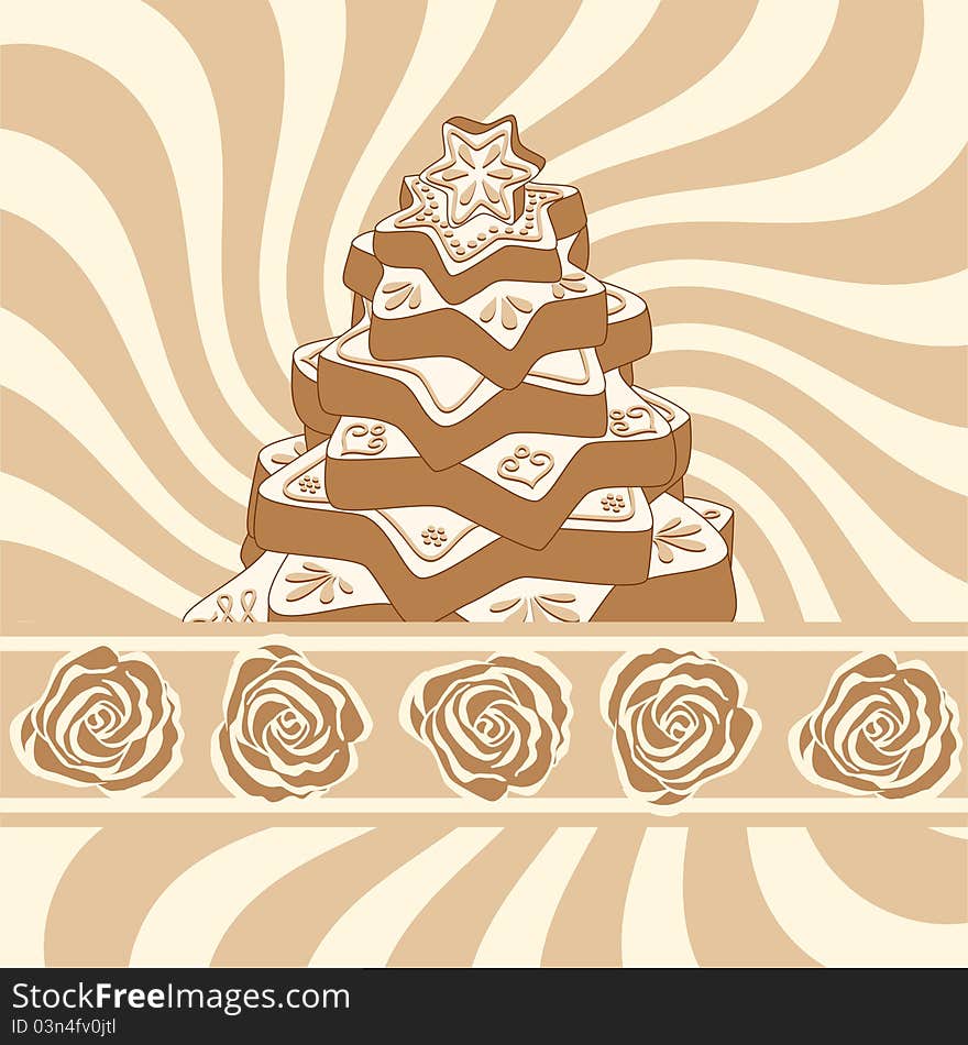 Hand-drawn gingerbread christmas tree on background with brown swirl and stripe with beige and brown roses