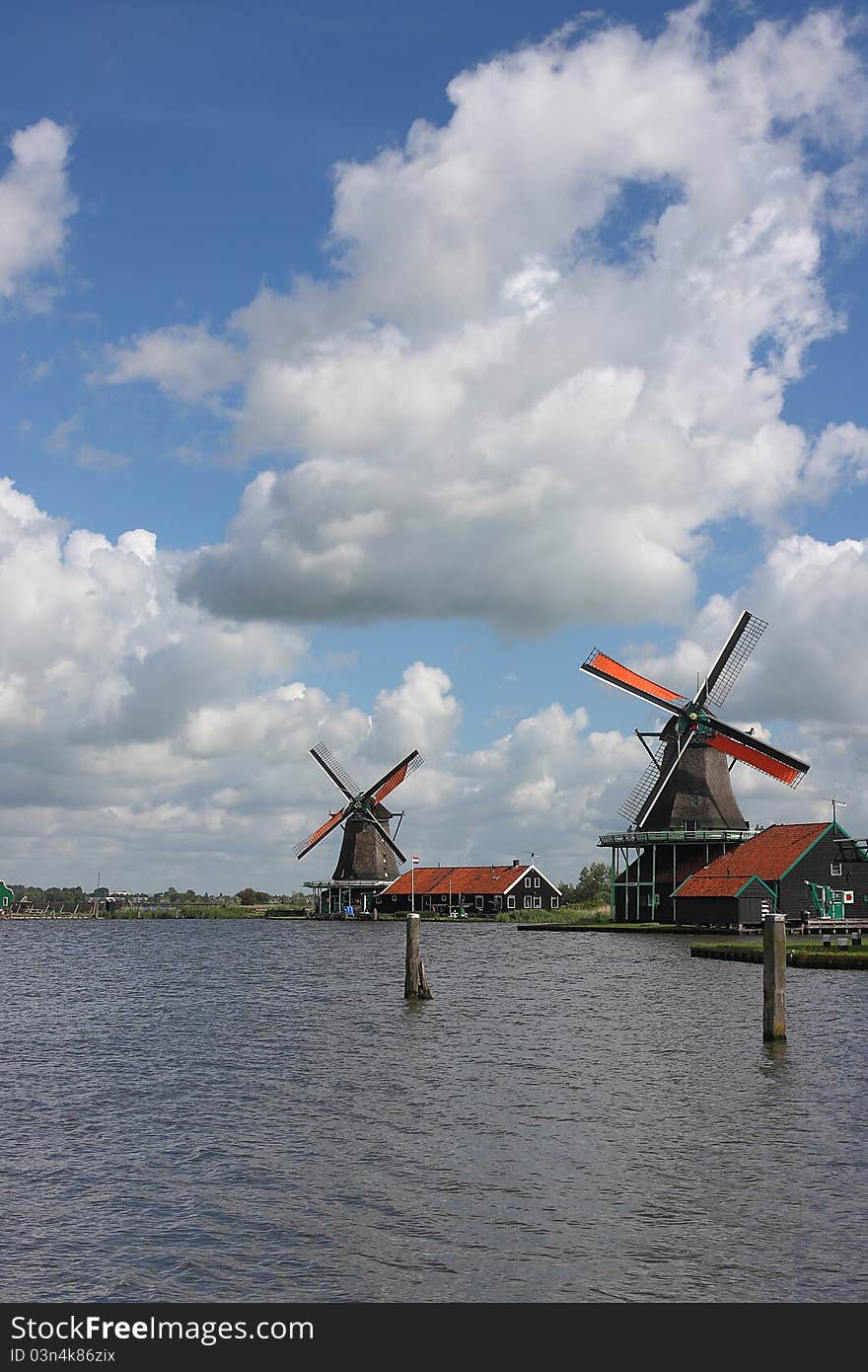 Traditional windmills in Holland in a storm day