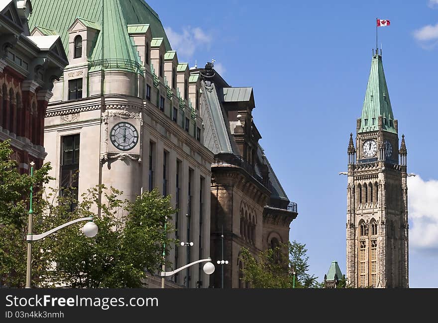 Excellent view of the Canadian Parliament seen from Elgin Street in Ottawa. Excellent view of the Canadian Parliament seen from Elgin Street in Ottawa.