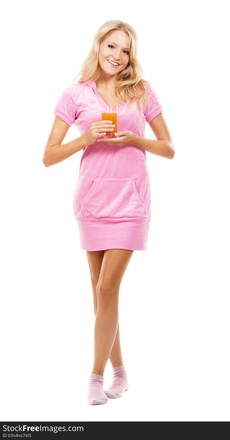 Young woman in pink dress over white background