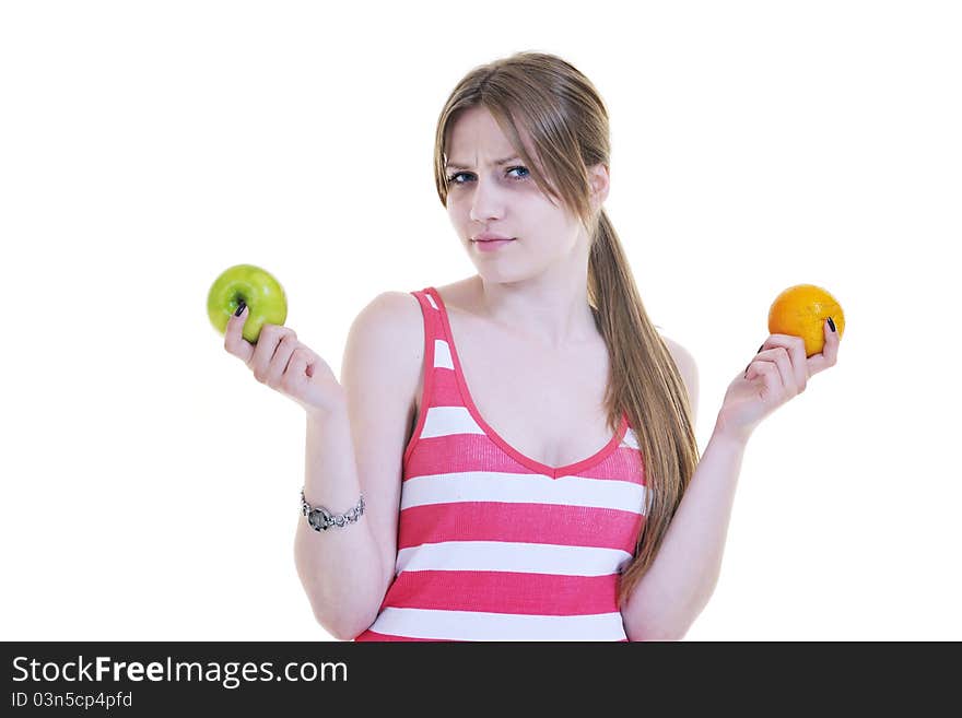 Woman eat green apple isolated  on white backround in studio representing healthy lifestile and eco food concept. Woman eat green apple isolated  on white backround in studio representing healthy lifestile and eco food concept