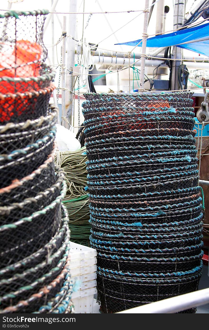 Stacks of crab traps waiting to be set out to sea