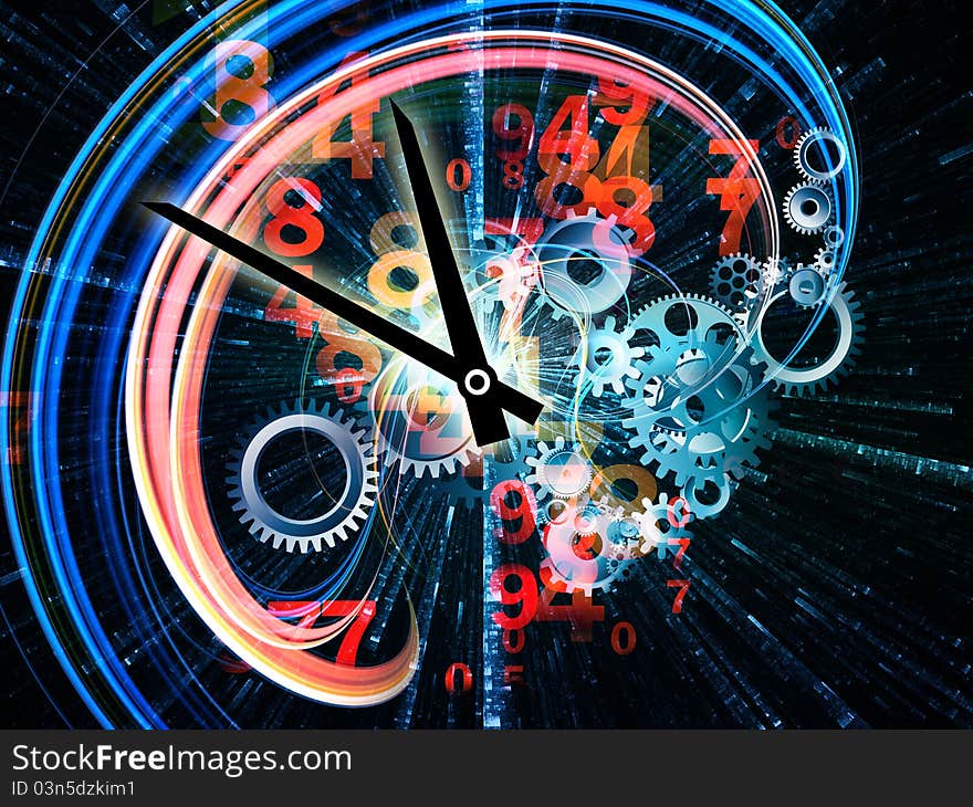 Abstract interplay of clock symbols and graphic elements on the subject of time, technology, past, present and future. Abstract interplay of clock symbols and graphic elements on the subject of time, technology, past, present and future.