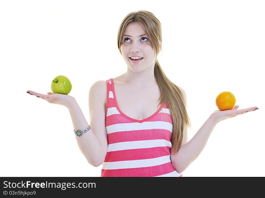 Happy  young  woman eat apple isolated  on white