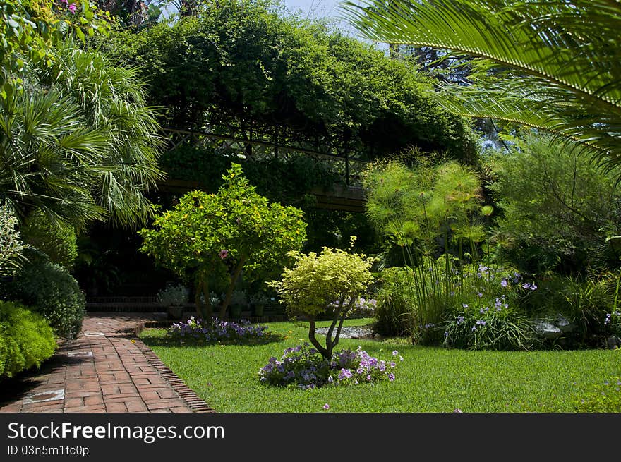 This is the lower section of the Gibraltar Botanical Gardens showing the walkway that is suspended above the garden.