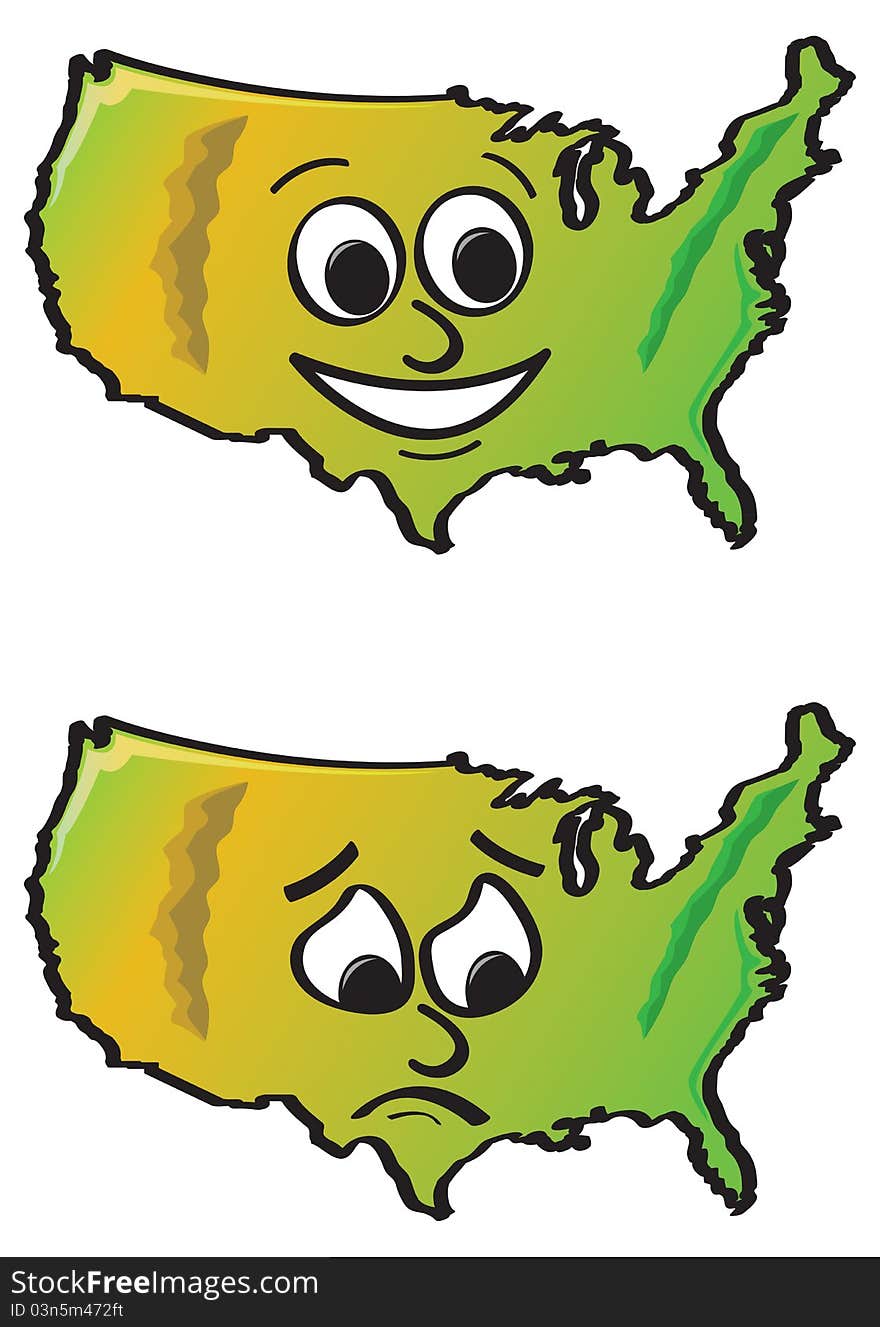 Two United States drawings with cartoon faces, one happy and one sad or worried. Two United States drawings with cartoon faces, one happy and one sad or worried.