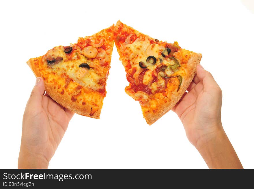 Hand Holding Pizza. Image Is Isolated On White Background