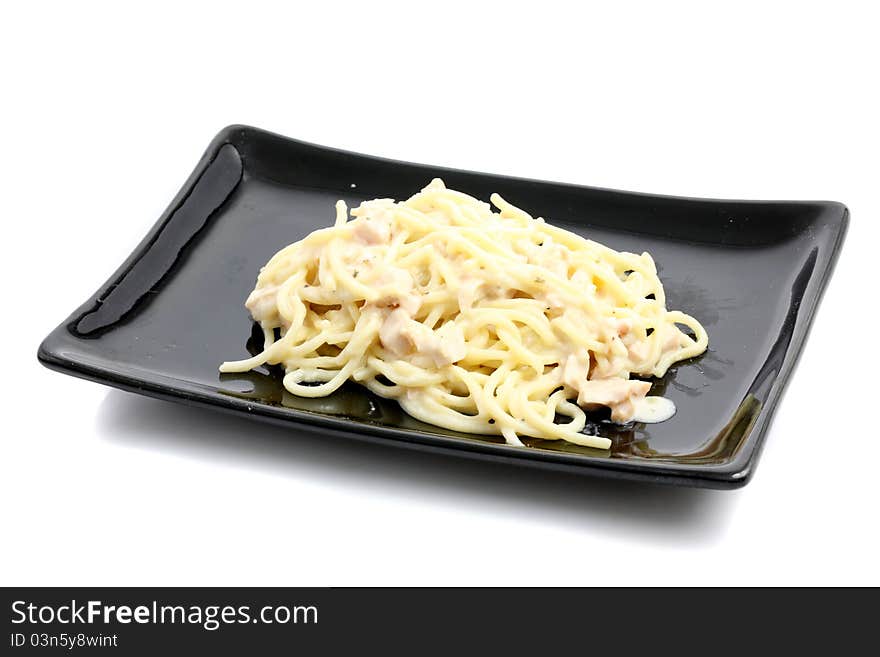 Spaghetti Carbonara isolated on white background