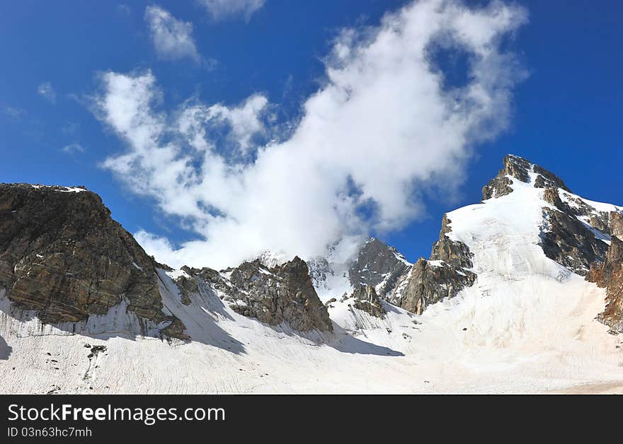 Top of High mountains, covered by snow.