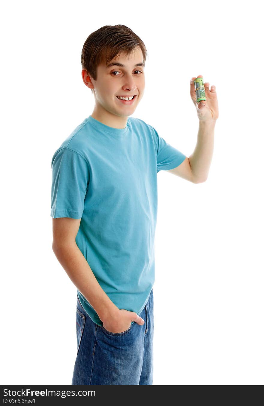 Happy boy holding rolled up bank notes. Happy boy holding rolled up bank notes.