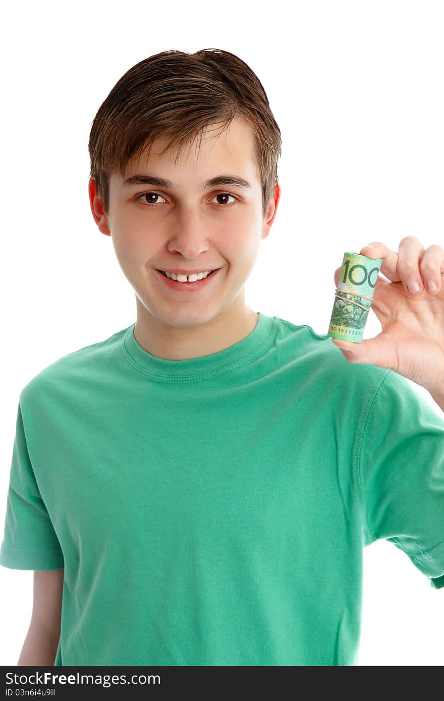 A boy holding a rolled up one hundred dollar bills. A boy holding a rolled up one hundred dollar bills.