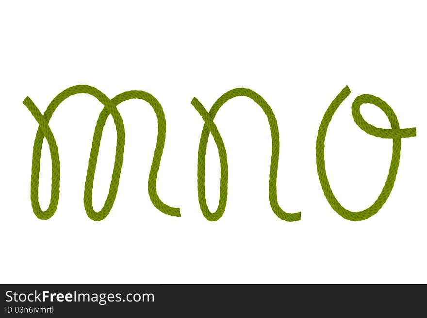 Green fiber rope bent in the form of letter M,N,O. Green fiber rope bent in the form of letter M,N,O