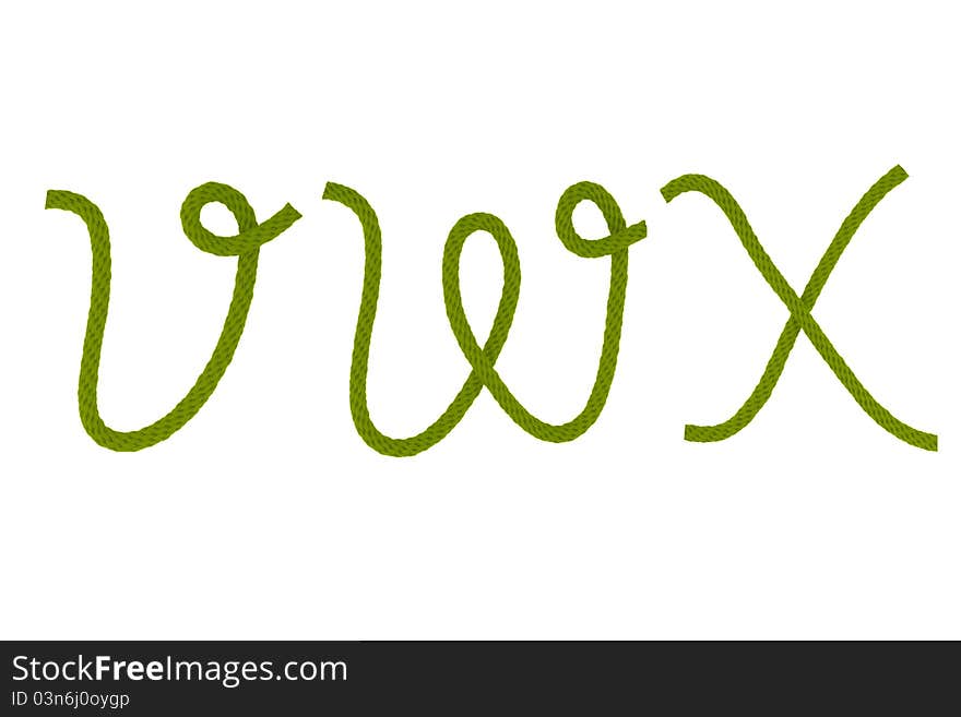 Green fiber rope bent in the form of letter V,W,X. Green fiber rope bent in the form of letter V,W,X