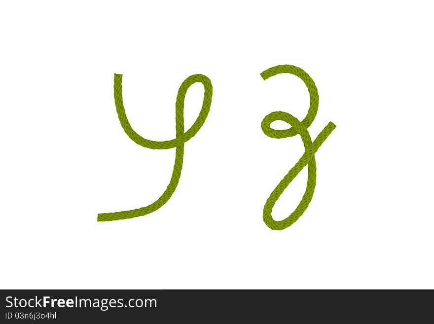 Green fiber rope bent in the form of letter Y,Z. Green fiber rope bent in the form of letter Y,Z