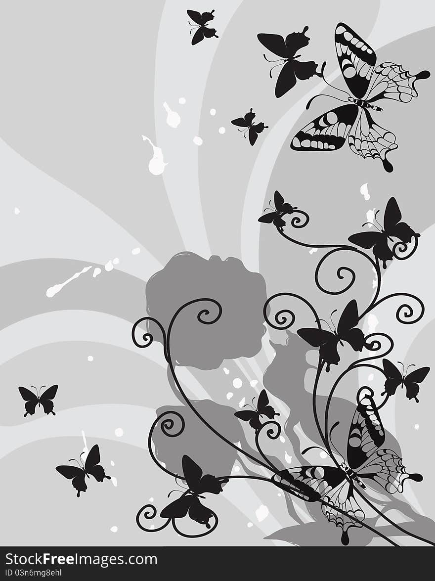 Background with decorative flower and butterflies