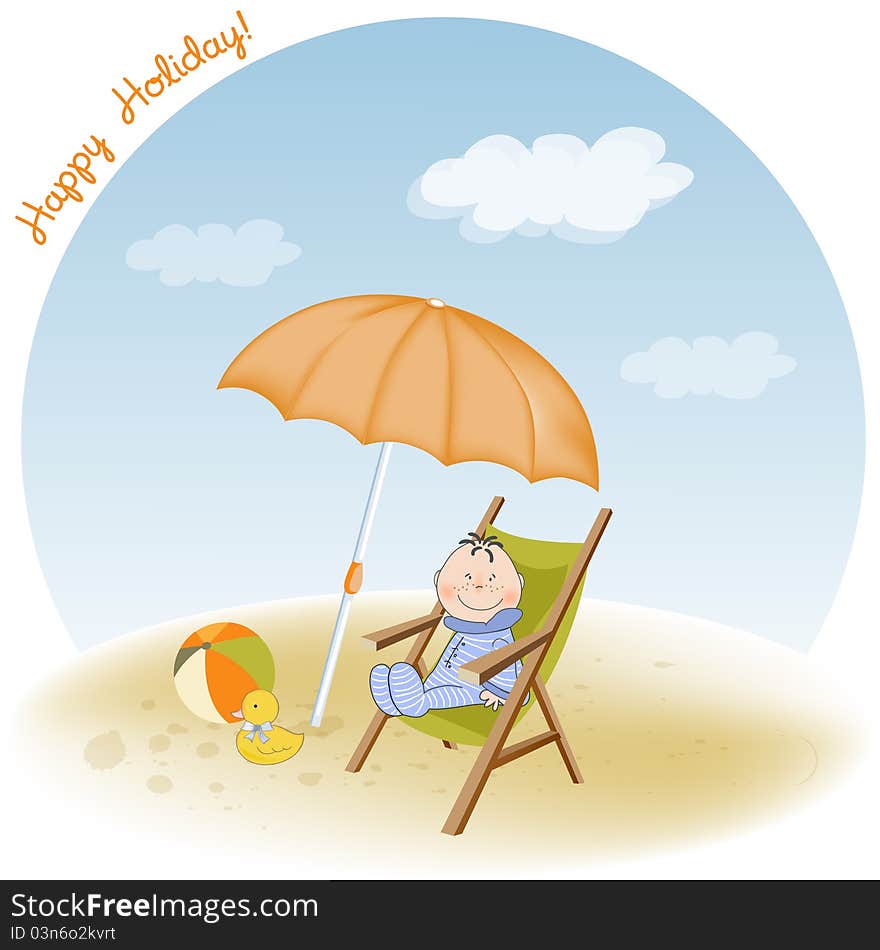 A little boy sits on the beach, holiday card in vector format