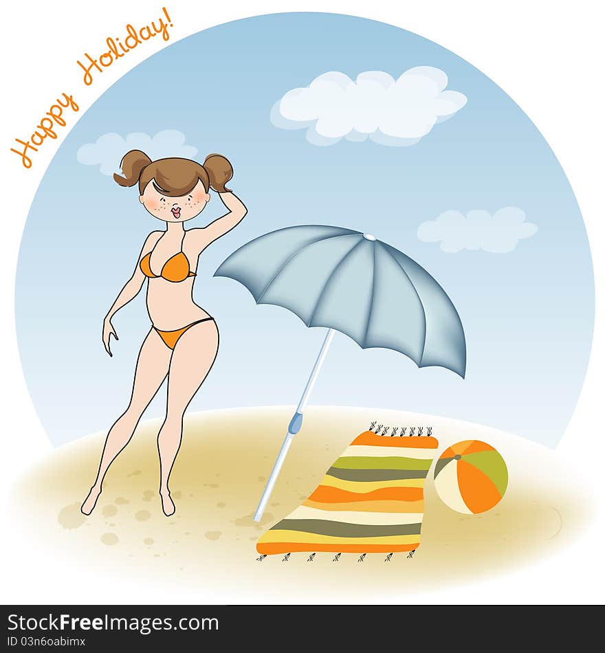 woman on the beach, holiday greeting card. woman on the beach, holiday greeting card