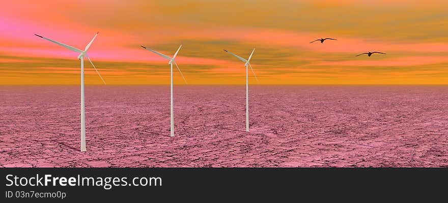 Landscape pink and wind turbine