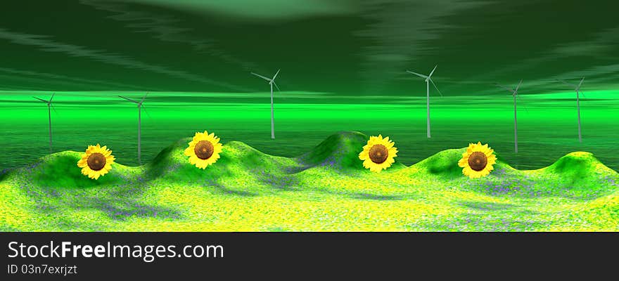 Wind turbine and sunflowers and sky. Wind turbine and sunflowers and sky