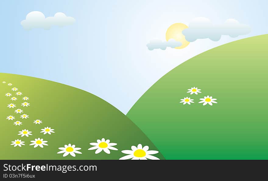 A vector illustration of a flower field on sunny day