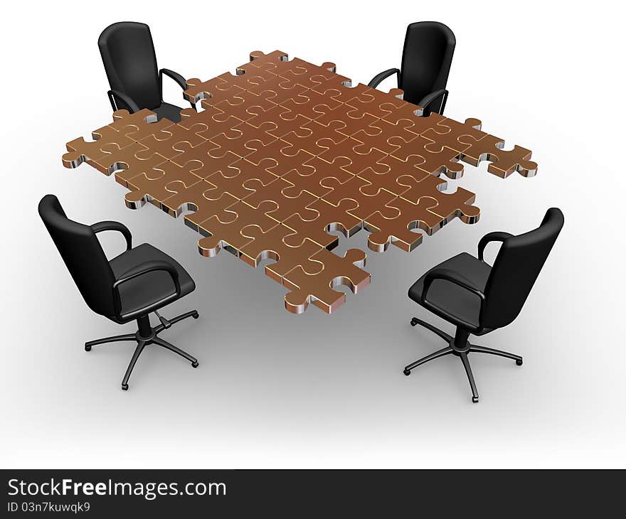 Render of empty chairs standing round a table from puzzle