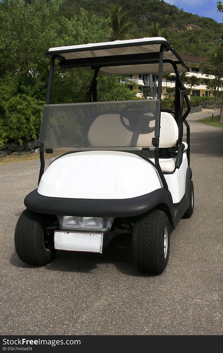 Electric golf cart parked on road.