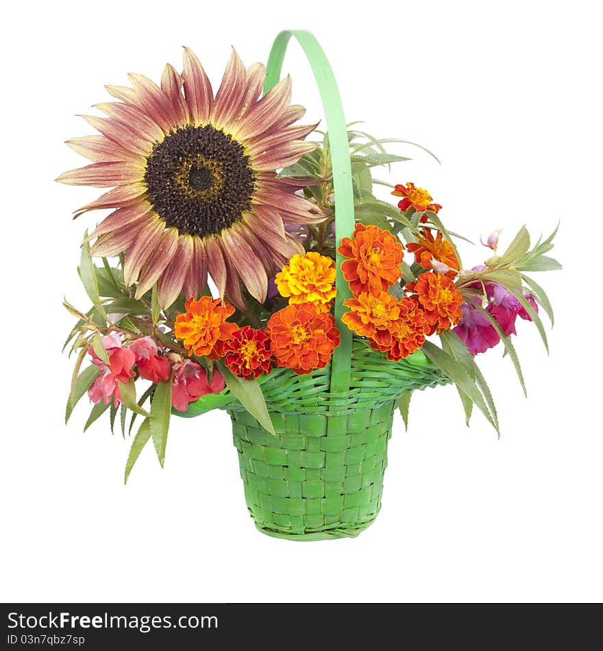 Bouquet of Flowers with a sunflower in a basket isolated on a white background