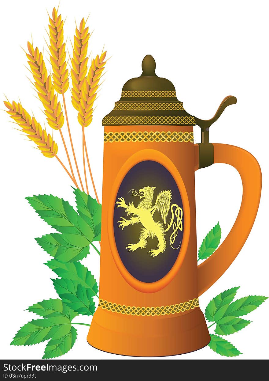 Beer mug on a background of leaves of hop and ears of barley in a