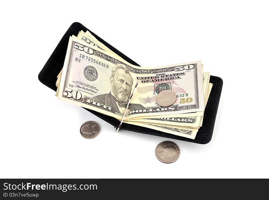 Purse on the latch of dollars on a white background. Purse on the latch of dollars on a white background